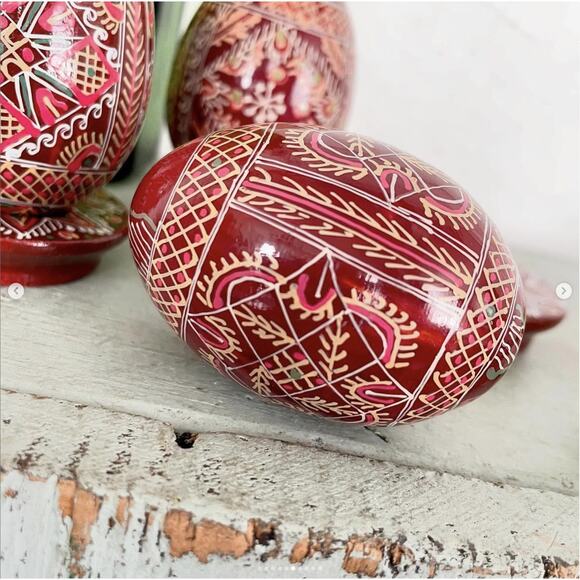 Vintage Hand-Painted Wood Resin Easter Egg Plus Base Pysanky Brown Orange SET 3 - Picture 6 of 10